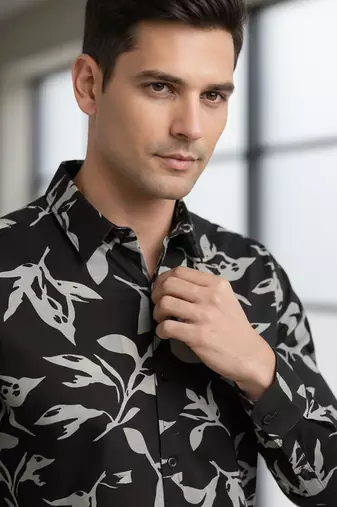 Mens black self design cotton fabric shirt full sleeves shirt collor