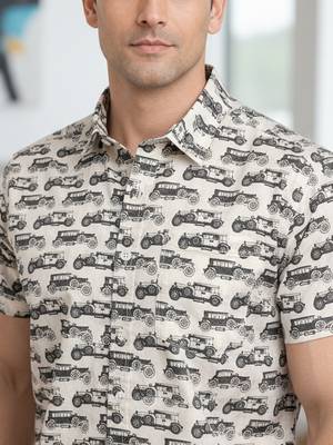 Mens cream self design cotton fabric shirt short sleeves shirt collor 2