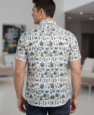 Mens cream self design cotton fabric shirt short sleeves shirt collor 4