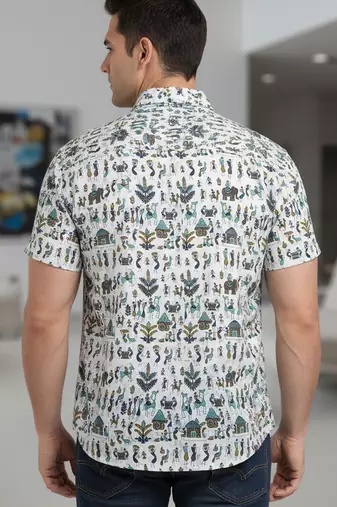 Mens cream self design cotton fabric shirt short sleeves shirt collor