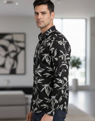 Mens black self design cotton fabric shirt full sleeves shirt collor 3