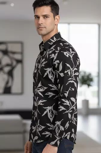Mens black self design cotton fabric shirt full sleeves shirt collor