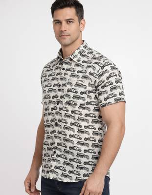 Mens cream self design cotton fabric shirt short sleeves shirt collor 3