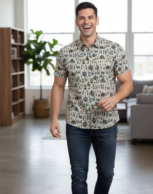 Mens cream self design cotton fabric shirt short sleeves shirt collor 5