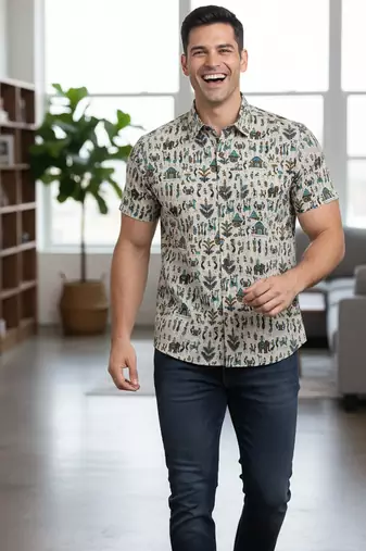 Mens cream self design cotton fabric shirt short sleeves shirt collor