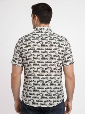 Mens cream self design cotton fabric shirt short sleeves shirt collor 4