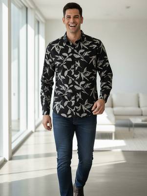 Mens black self design cotton fabric shirt full sleeves shirt collor 5