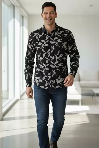 Mens black self design cotton fabric shirt full sleeves shirt collor