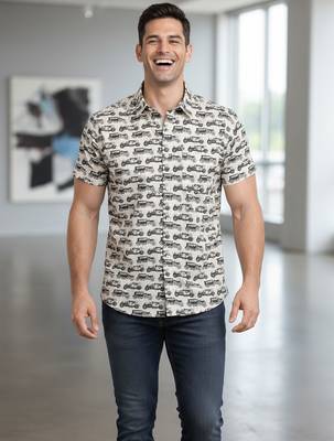 Mens cream self design cotton fabric shirt short sleeves shirt collor 5