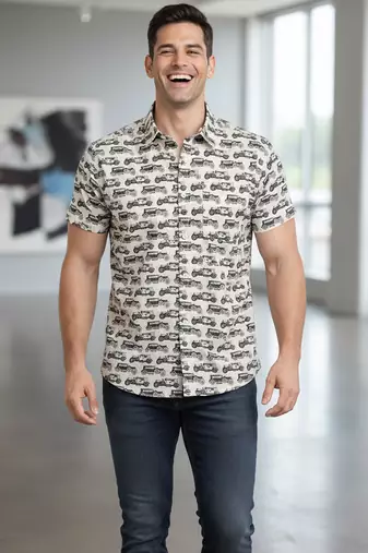 Mens cream self design cotton fabric shirt short sleeves shirt collor