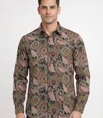 Mens brown self design cotton fabric shirt full sleeves shirt collor