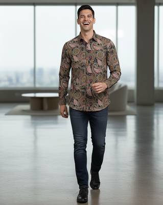 Mens brown self design cotton fabric shirt full sleeves shirt collor 5