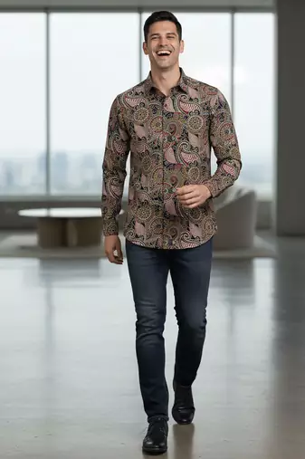 Mens brown self design cotton fabric shirt full sleeves shirt collor