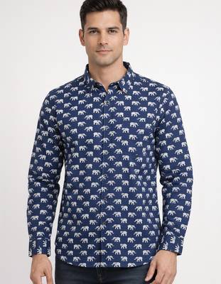 Mens navy blue self design cotton fabric shirt full sleeves shirt collor 1