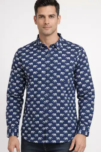 Mens navy blue self design cotton fabric shirt full sleeves shirt collor