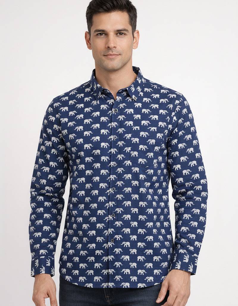 Mens navy blue self design cotton fabric shirt full sleeves shirt collor
