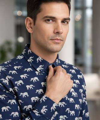 Mens navy blue self design cotton fabric shirt full sleeves shirt collor 2