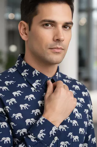 Mens navy blue self design cotton fabric shirt full sleeves shirt collor