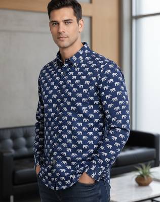 Mens navy blue self design cotton fabric shirt full sleeves shirt collor 3