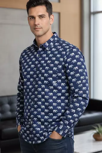 Mens navy blue self design cotton fabric shirt full sleeves shirt collor
