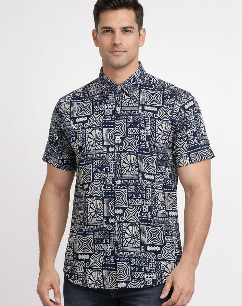 Mens cream self design cotton fabric shirt short sleeves shirt collor