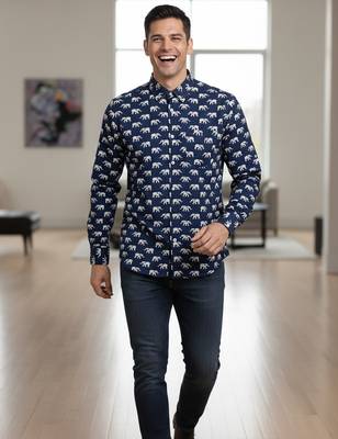 Mens navy blue self design cotton fabric shirt full sleeves shirt collor 5