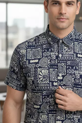 Mens cream self design cotton fabric shirt short sleeves shirt collor