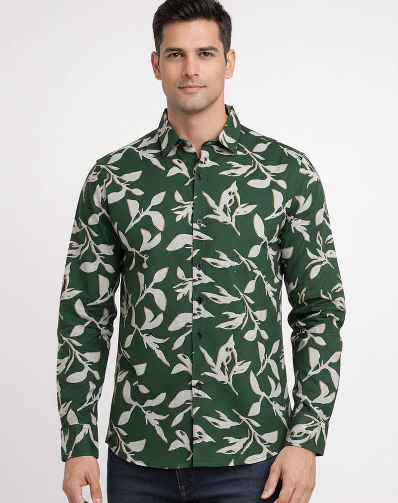Mens green self design cotton fabric shirt full sleeves shirt collor
