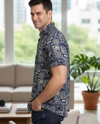 Mens cream self design cotton fabric shirt short sleeves shirt collor 3