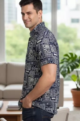 Mens cream self design cotton fabric shirt short sleeves shirt collor