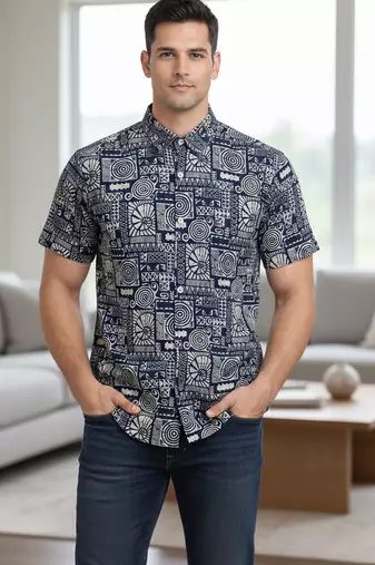 Mens cream self design cotton fabric shirt short sleeves shirt collor