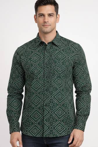 Mens green self design cotton fabric shirt full sleeves shirt collor