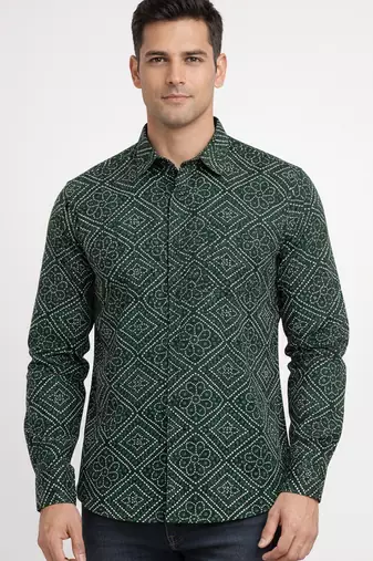 Mens green self design cotton fabric shirt full sleeves shirt collor