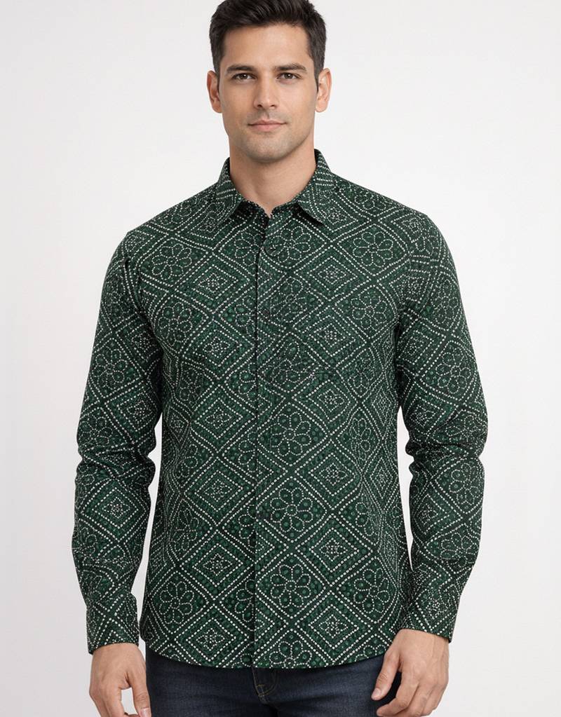 Mens green self design cotton fabric shirt full sleeves shirt collor
