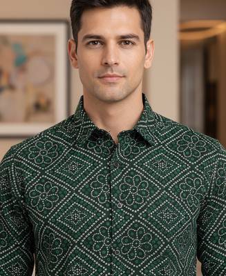 Mens green self design cotton fabric shirt full sleeves shirt collor 2