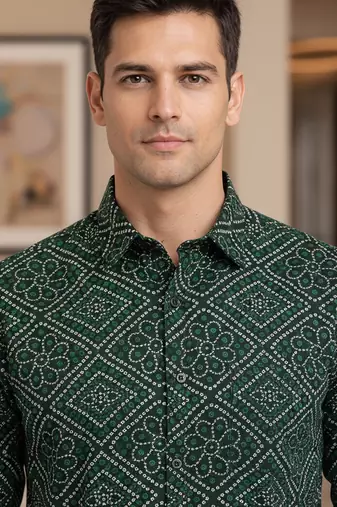 Mens green self design cotton fabric shirt full sleeves shirt collor