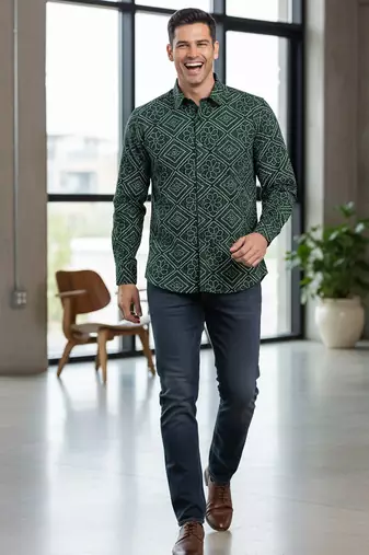 Mens green self design cotton fabric shirt full sleeves shirt collor