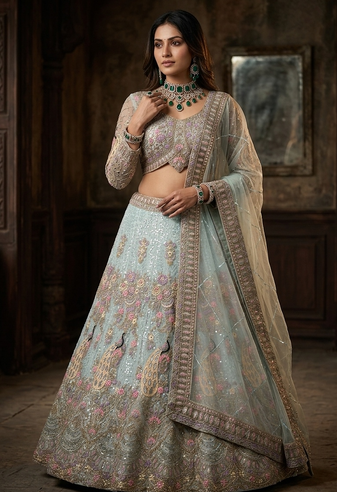 SKY BLUE BUTTERFLY NET PARTY WEAR EMBROIDERY LEHNGHA CHOLI