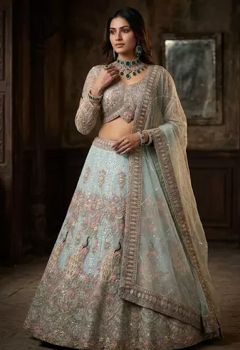 SKY BLUE BUTTERFLY NET PARTY WEAR EMBROIDERY LEHNGHA CHOLI