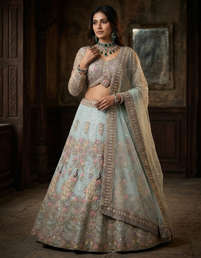 SKY BLUE BUTTERFLY NET PARTY WEAR EMBROIDERY LEHNGHA CHOLI