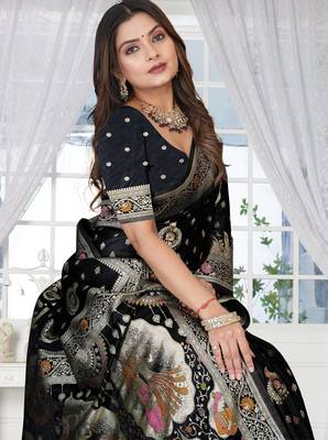 Black Banarasi Satin silk blend Saree with Heavy Zari & Traditional Thread Work | Wedding & Festive Wear 2