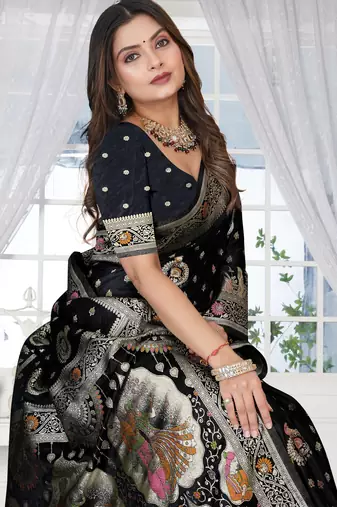 Black Banarasi Satin silk blend Saree with Heavy Zari & Traditional Thread Work | Wedding & Festive Wear