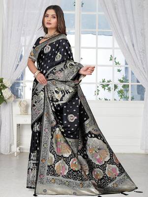 Black Banarasi Satin silk blend Saree with Heavy Zari & Traditional Thread Work | Wedding & Festive Wear 1