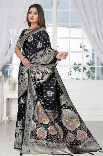 Black Banarasi Satin silk blend Saree with Heavy Zari & Traditional Thread Work | Wedding & Festive Wear