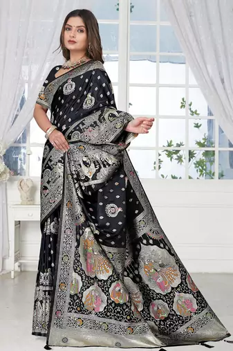 Black Banarasi Satin silk blend Saree with Heavy Zari & Traditional Thread Work | Wedding & Festive Wear
