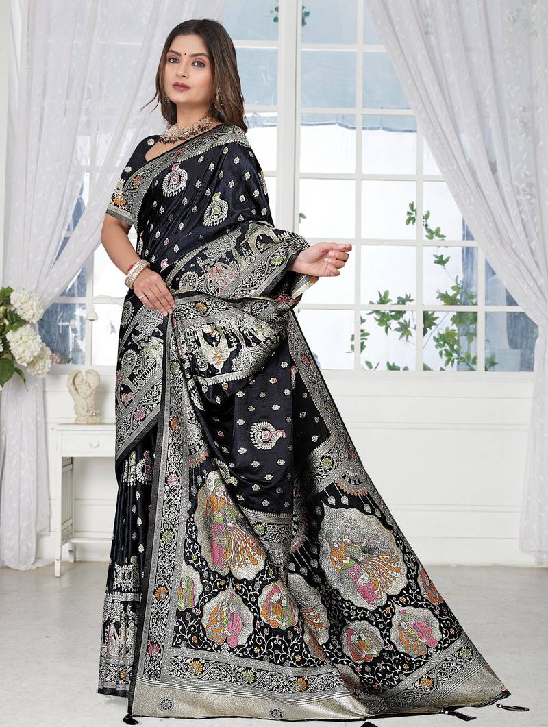 Black Banarasi Satin silk blend Saree with Heavy Zari & Traditional Thread Work | Wedding & Festive Wear
