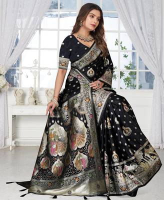 Black Banarasi Satin silk blend Saree with Heavy Zari & Traditional Thread Work | Wedding & Festive Wear 3