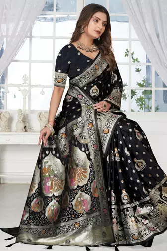 Black Banarasi Satin silk blend Saree with Heavy Zari & Traditional Thread Work | Wedding & Festive Wear