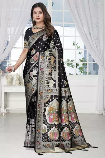 Black Banarasi Satin silk blend Saree with Heavy Zari & Traditional Thread Work | Wedding & Festive Wear