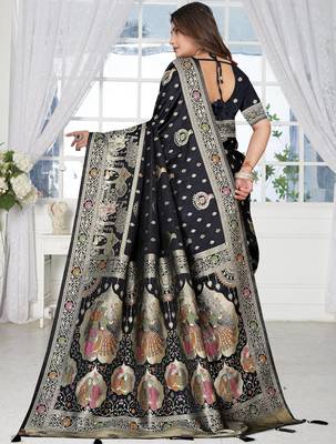 Black Banarasi Satin silk blend Saree with Heavy Zari & Traditional Thread Work | Wedding & Festive Wear 5